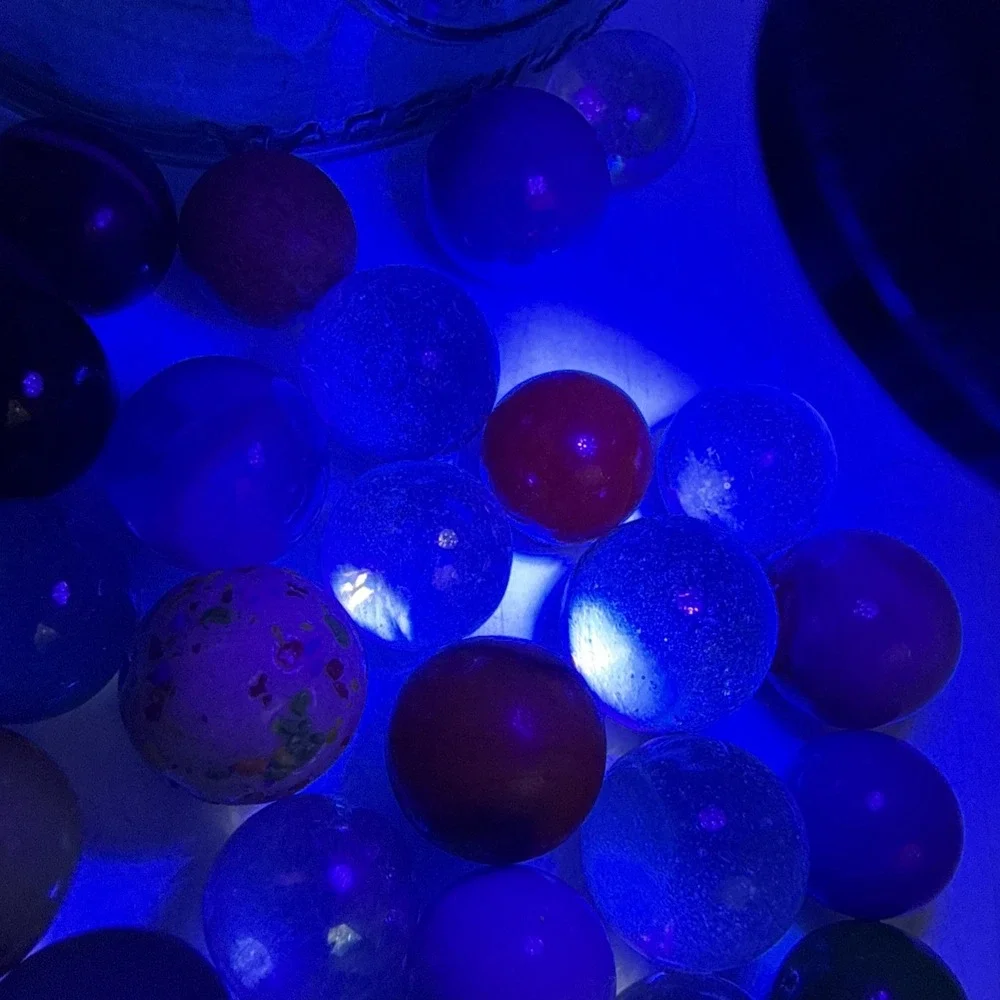 Lot Of Unique Vintage Marbles In Blue Mason Jar Some Glow- See Pics
